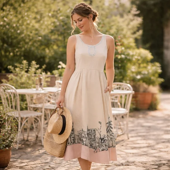 Tristan & Iseut Artistic Border Print Dress Size 14 (Fits 10-12) Lined Romantic - Picture 1 of 9